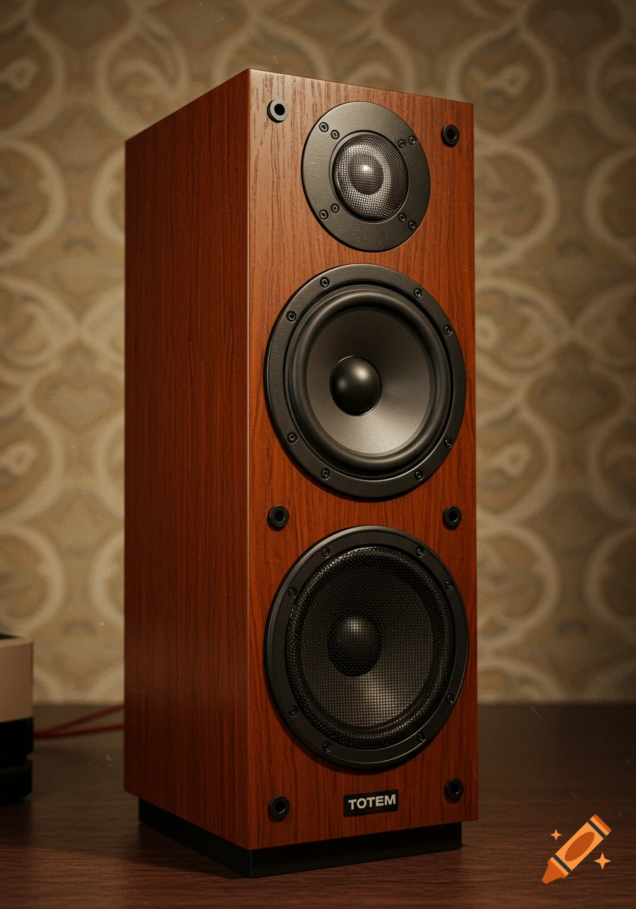 A photorealistic close-up of a wooden loudspeaker with black speaker cones and 'TOTEM' brand name.