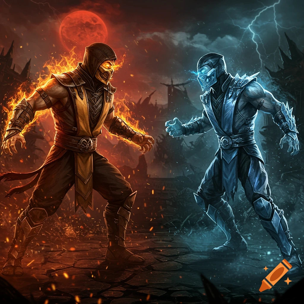 Two masked fantasy warriors, one wreathed in fire and one in ice, face off against a stormy background with a red moon.