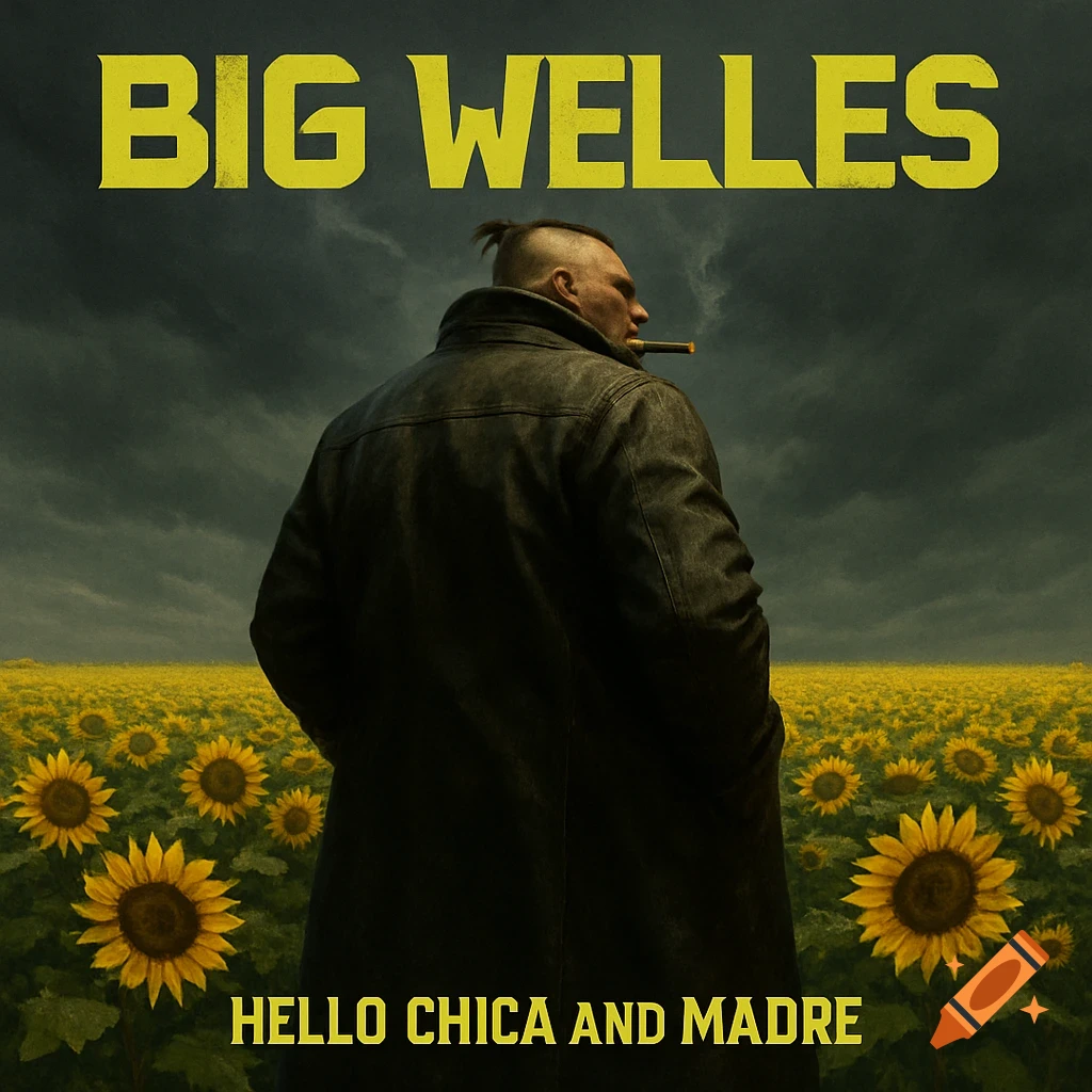 A man in a long dark coat with a mohawk, smoking a cigar, stands in a sunflower field under a stormy sky. Text reads 'BIG WELLES' and 'HELLO CHICA AND MADRE'.