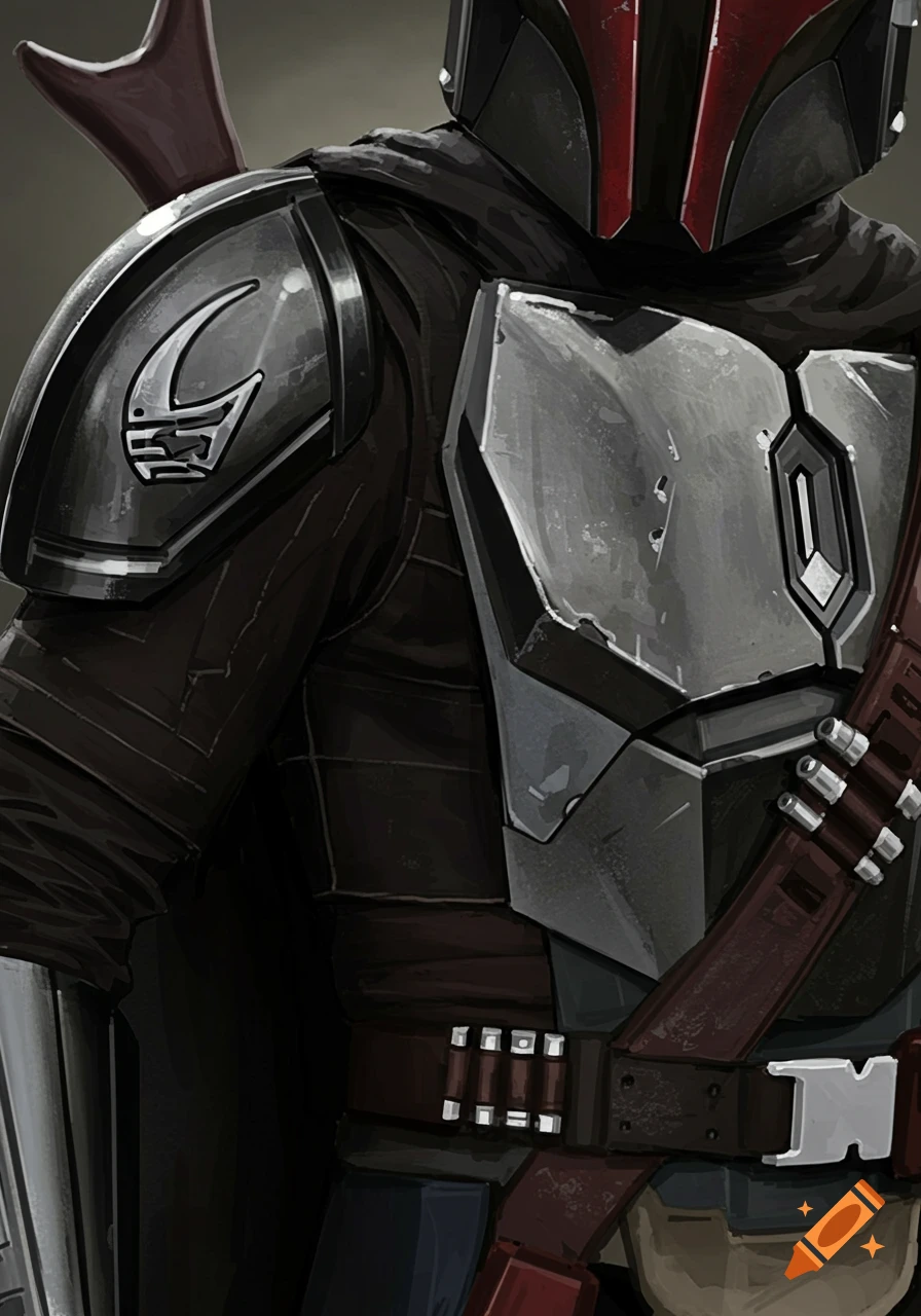 Close-up of battle-worn Mandalorian armor with a red and black helmet and a Mythosaur skull symbol on the shoulder, concept art style.