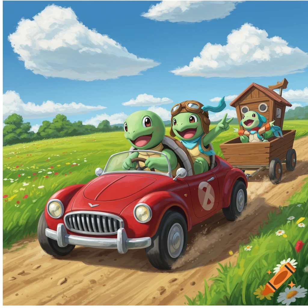 Cartoon-style image of two turtle-like creatures driving a red car, pulling a wagon with another turtle in it, through a green, flowery field under a blue sky.