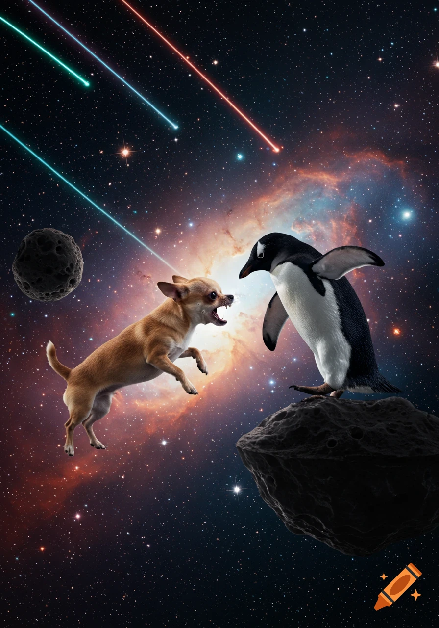 A snarling chihuahua floats towards a penguin on an asteroid in a starry galaxy, with colorful shooting stars.