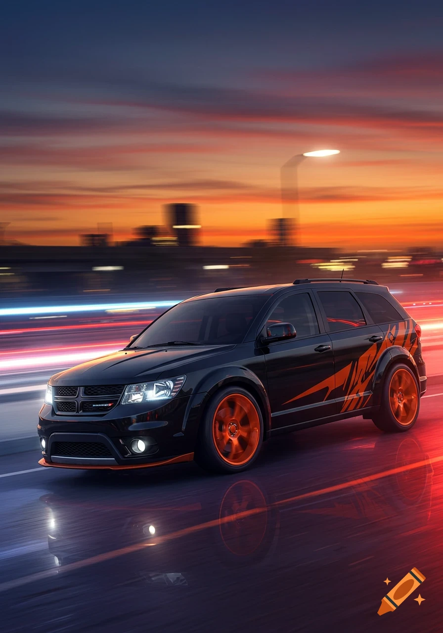 A black Dodge Journey with orange accents and rims drives at dusk, with city lights and motion blur creating light trails.