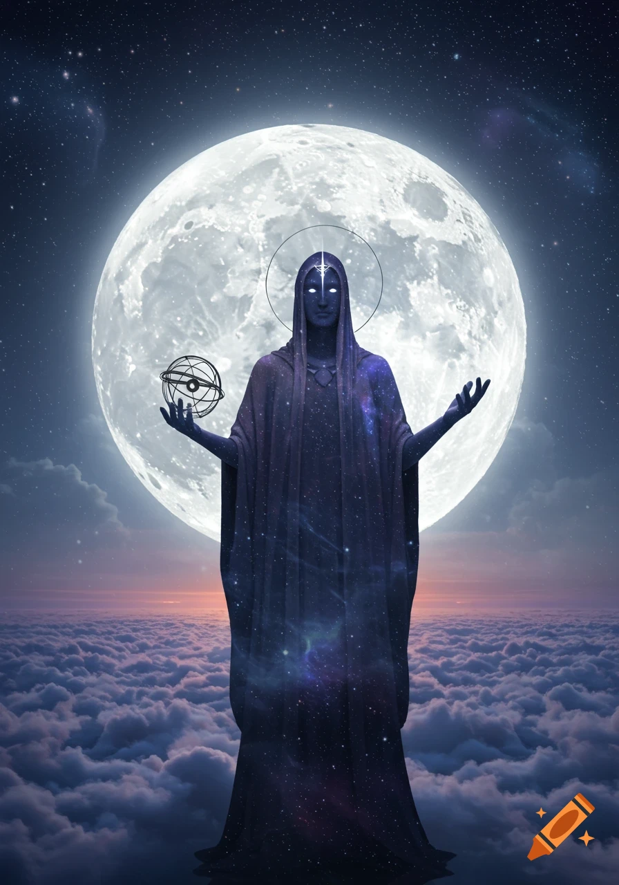 A robed, cosmic figure with glowing eyes holds an armillary sphere, standing before a huge full moon and starry sky above clouds.