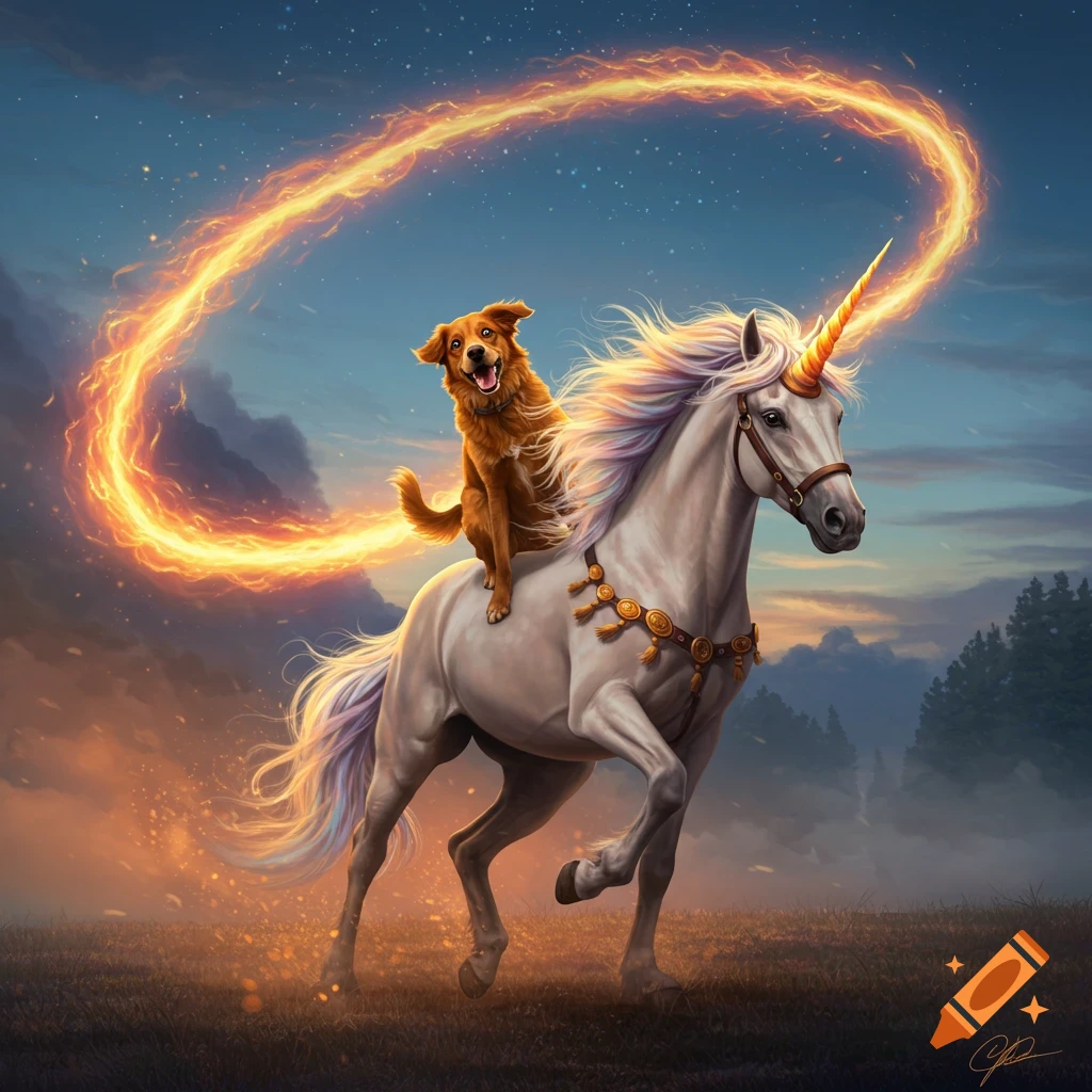 A happy brown dog rides a white unicorn across a field at dusk, leaving a trail of fire in a digital painting.