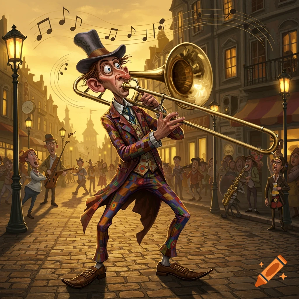 Cartoonish man in a top hat and colorful suit plays trombone on a bustling cobblestone street at sunset, with musical notes floating.