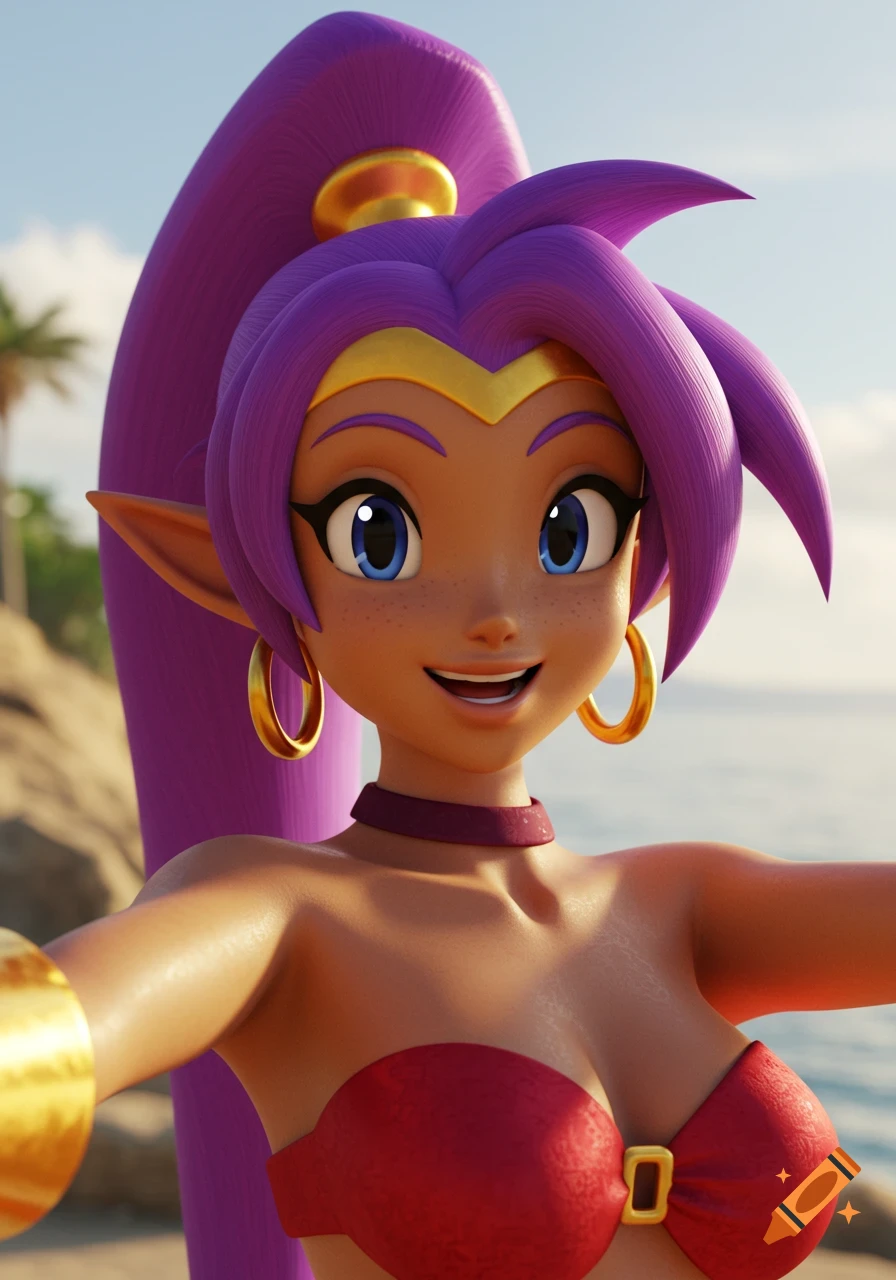 Close-up of Shantae, a smiling genie character with purple hair and pointed ears, wearing a red bikini top on a sunny beach.
