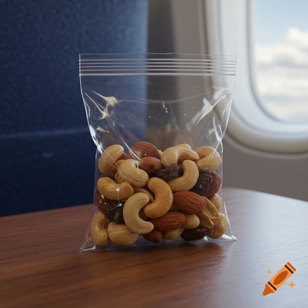 A clear plastic bag of mixed nuts and raisins sits on an airplane tray table next to a window.