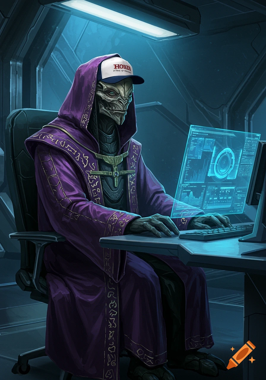 An alien with a reptilian face in a purple robe and a baseball cap sits at a desk, typing on a futuristic computer with a holographic screen.