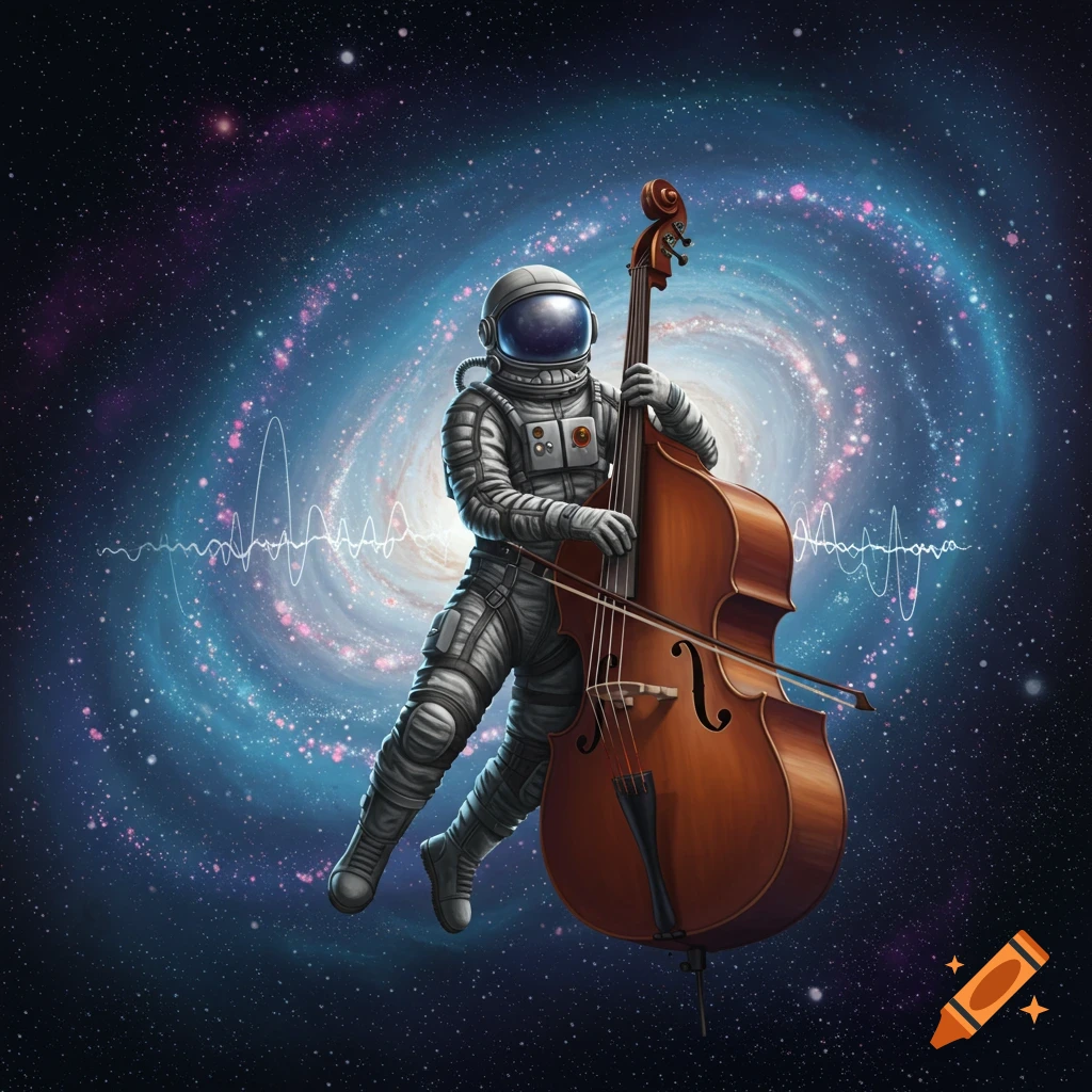 An astronaut plays a double bass in deep space with a vibrant galaxy and sound waves behind them.