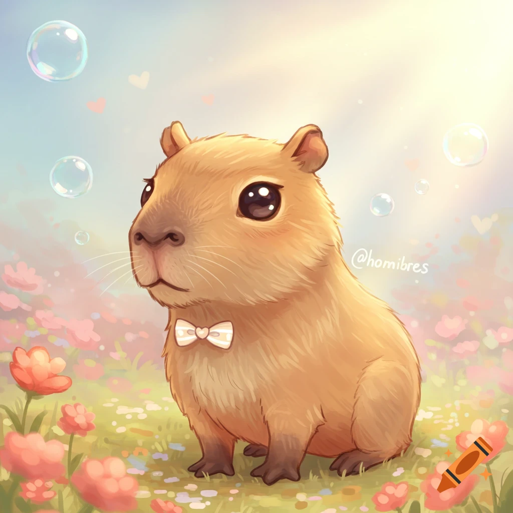 A cute chibi capybara with a bow tie sits in a field of flowers with bubbles and hearts in a cartoon style.