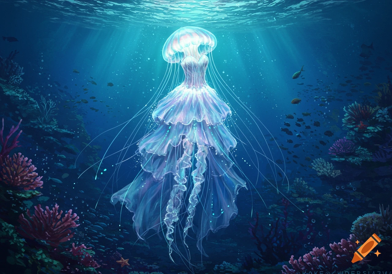 Luminous jellyfish-like creature with a flowing, ethereal dress body glowing in a deep blue underwater coral reef with fish.