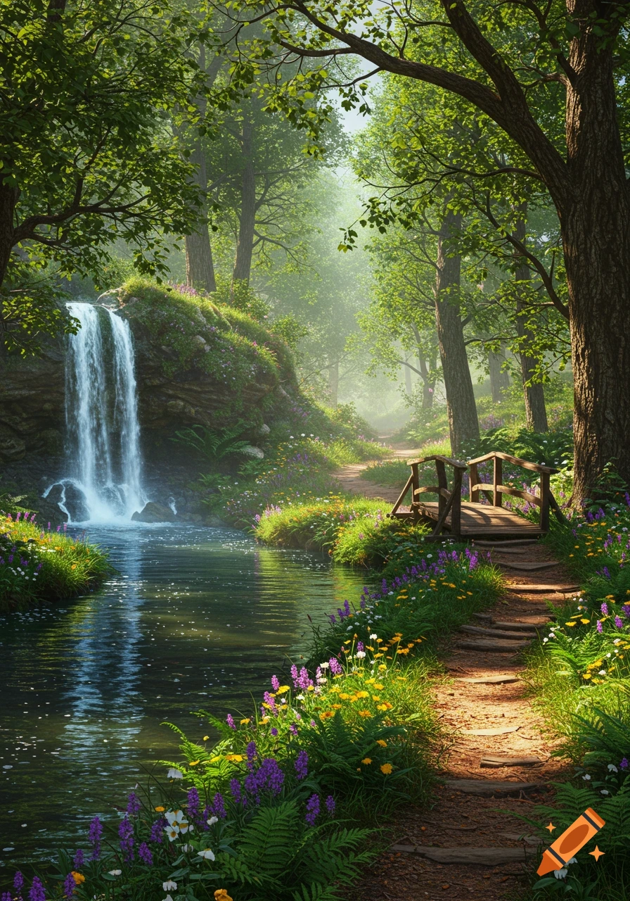 Lush forest scene with a cascading waterfall, a winding stream, a wooden bridge, and vibrant wildflowers under soft light.