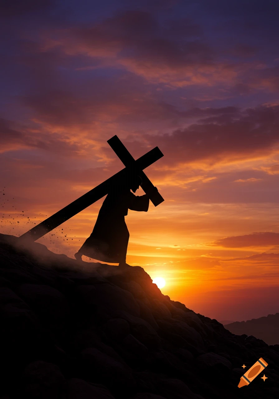 Silhouette of Jesus carrying the cross up a hill against a vibrant sunset.