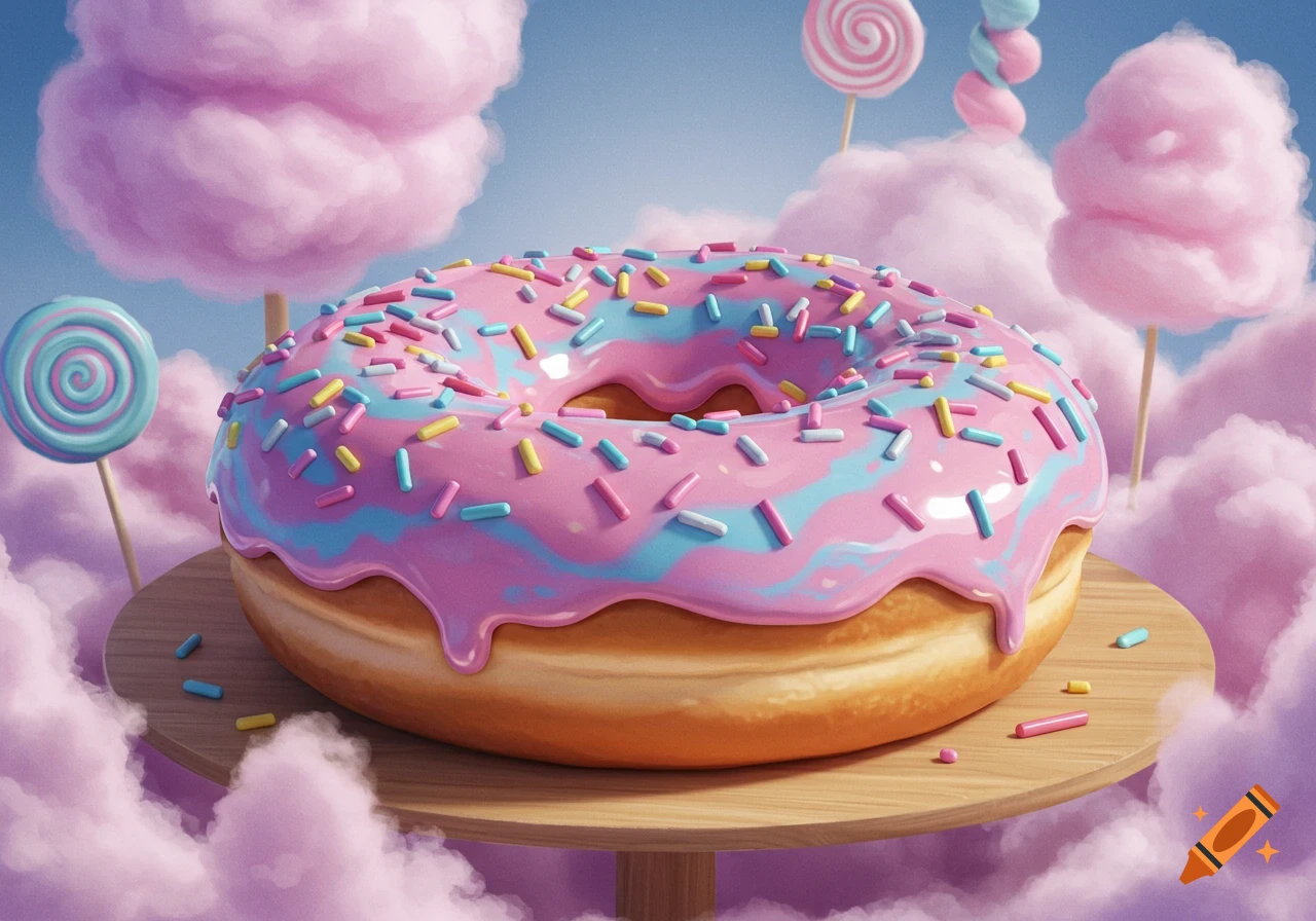 A large, whimsical pink donut with blue swirls and colorful sprinkles on a wooden stand, surrounded by cotton candy clouds and lollipops.