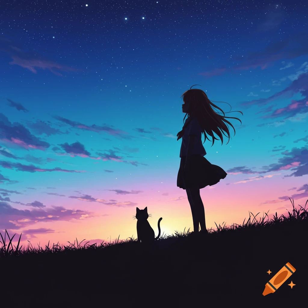 Anime girl and cat silhouettes on a hill, looking at a vibrant blue, purple, pink, and orange sunset with stars.