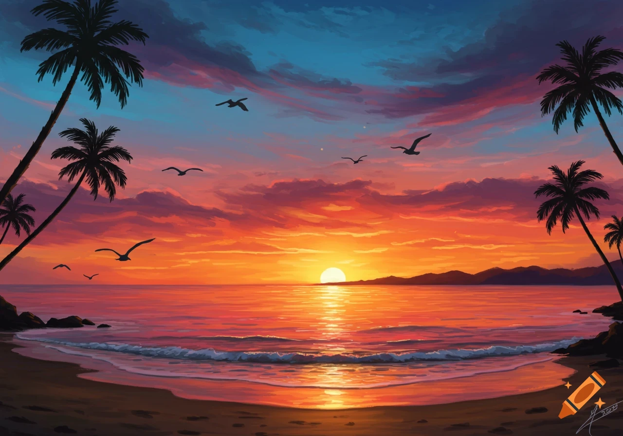 A vibrant illustration of a sunset over a tropical beach with palm trees silhouetted against a colorful sky and ocean.