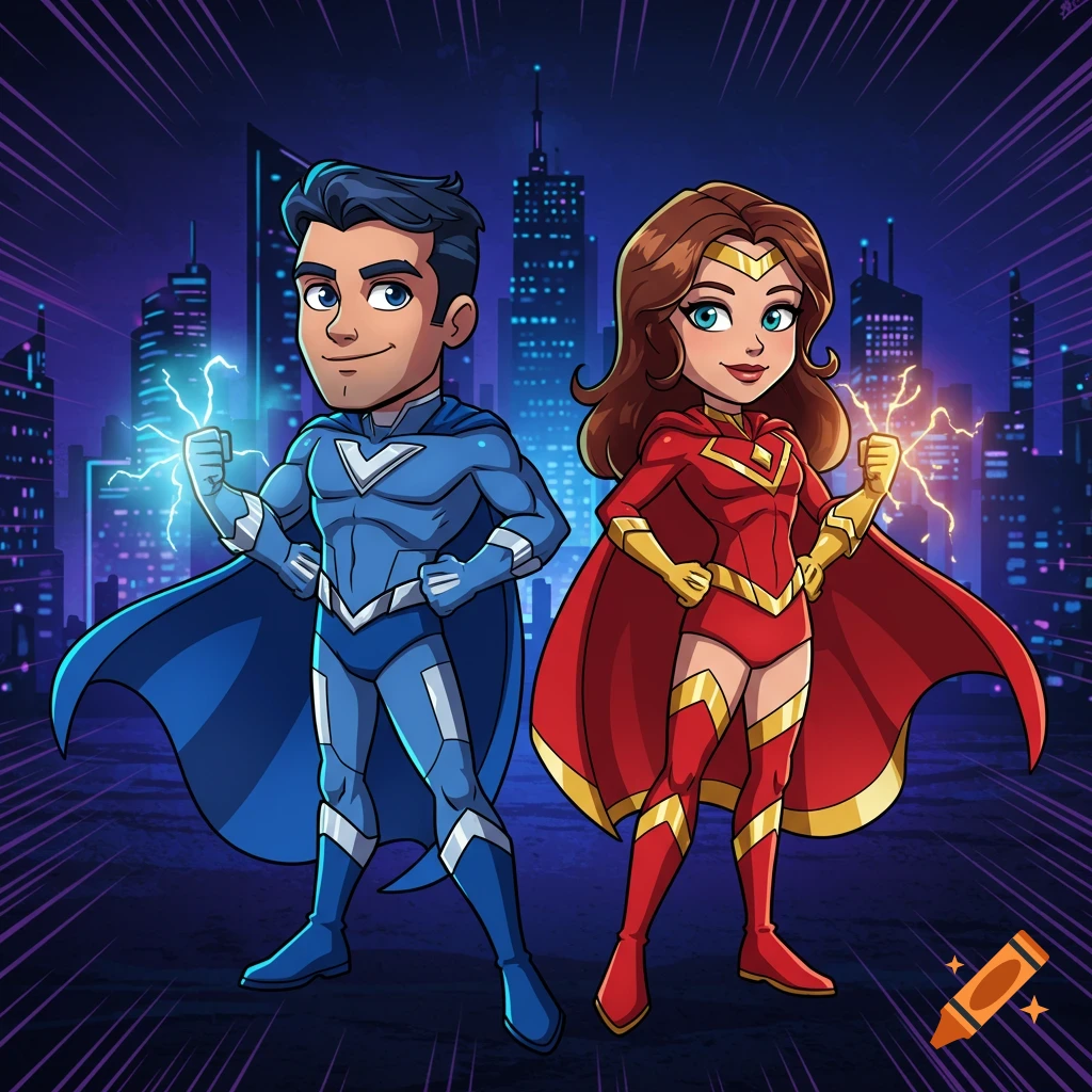 Two cartoon superheroes, a man in a blue suit and a woman in a red suit, stand in a stylized city at night, with lightning in their hands.