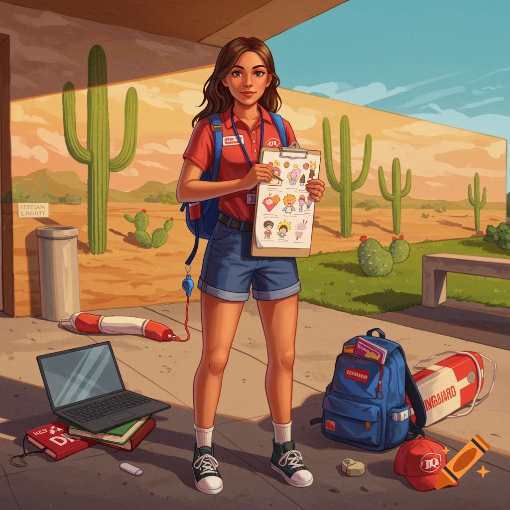 An illustration of a young woman in a red shirt and blue shorts, holding a clipboard, standing in a desert landscape with cacti. Backpacks and lifeguard equipment are on the ground.