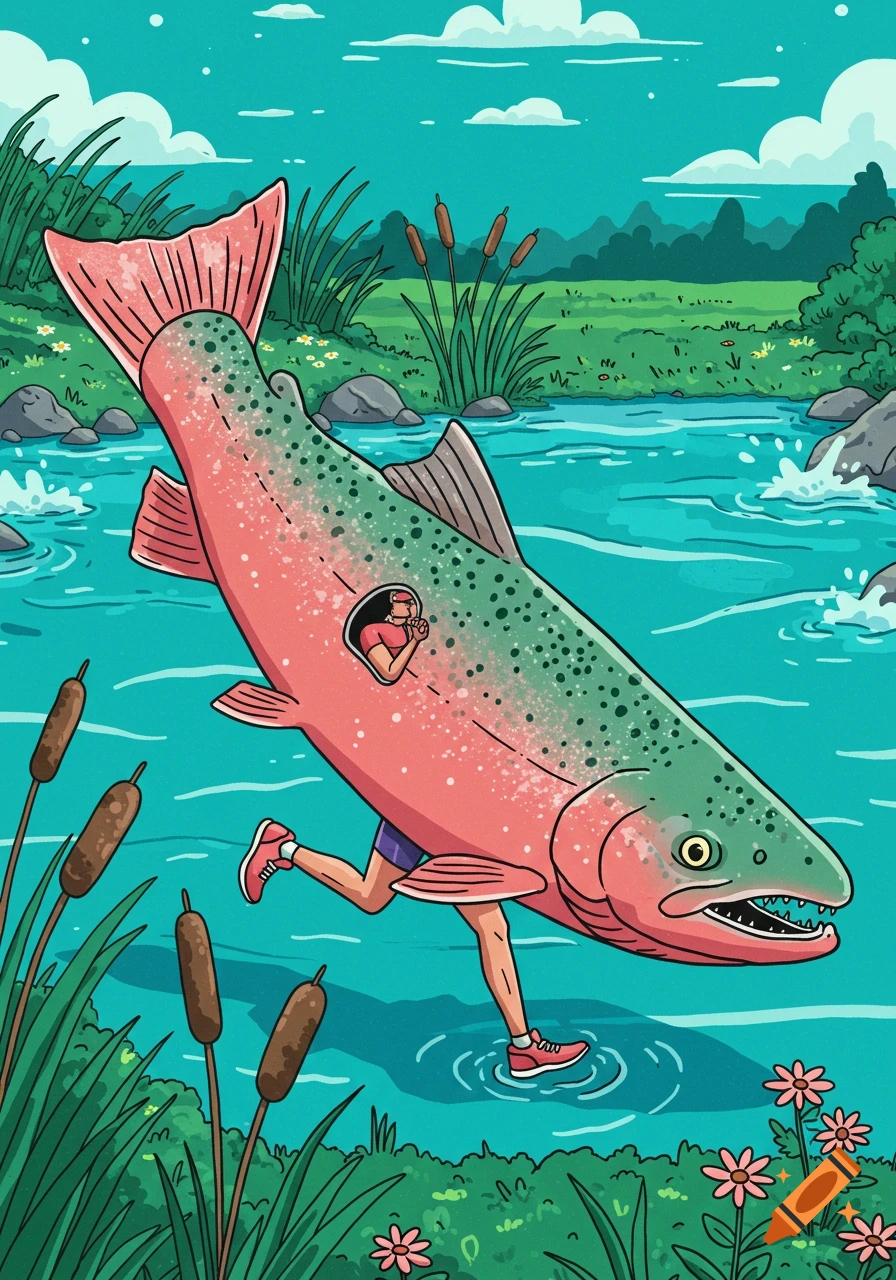 Cartoon illustration of a person in a large salmon costume running through a river, surrounded by green nature.