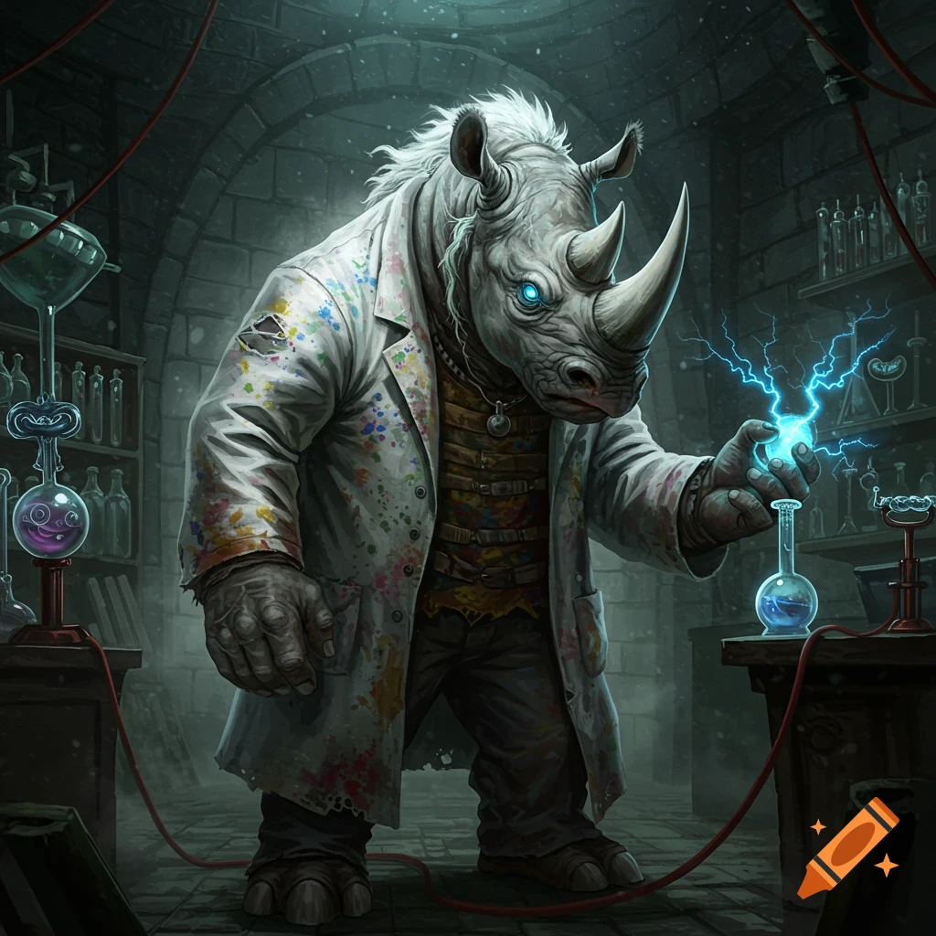 A white-haired rhino-man in a paint-splattered lab coat, with glowing blue eyes, holds an electrified flask in a dark laboratory.