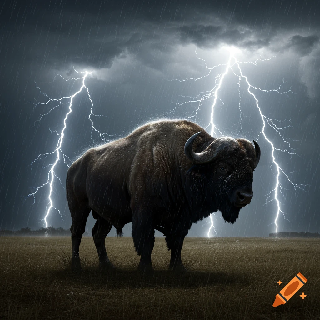 A photorealistic image of a large buffalo standing in a rainy field under a dark, stormy sky with bright lightning.