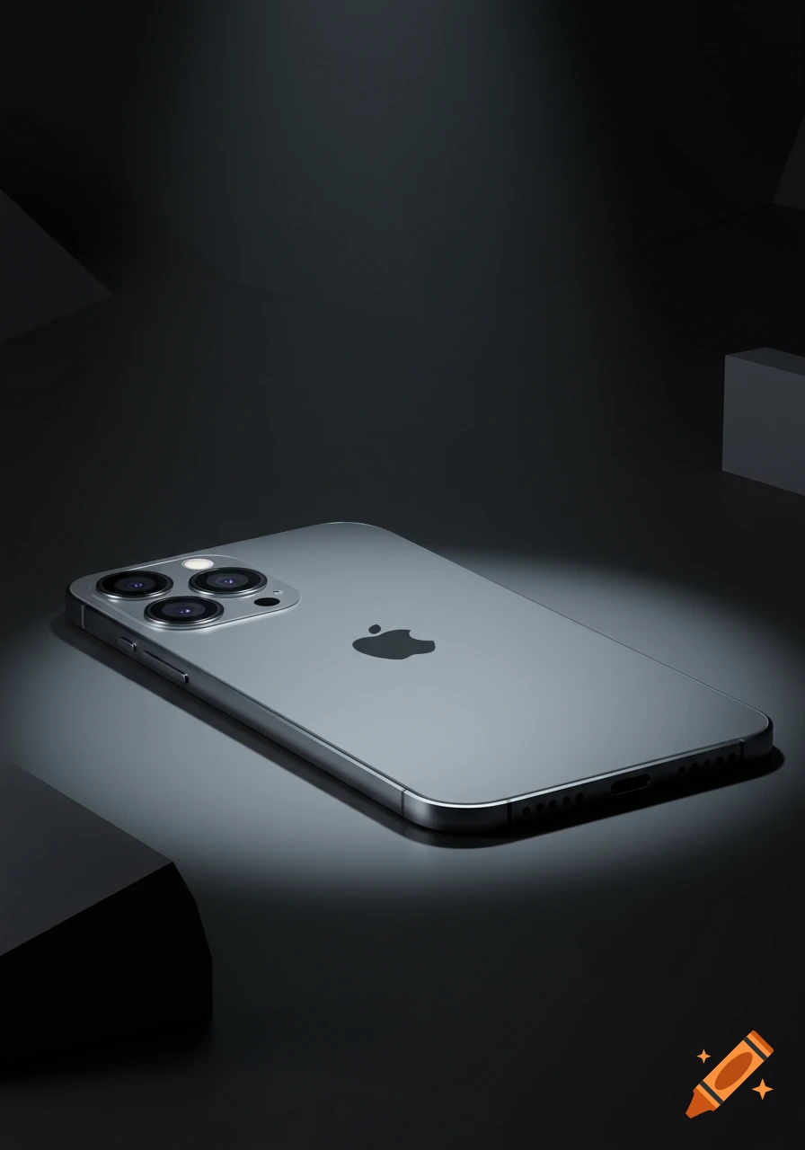 A silver iPhone with a triple camera array and Apple logo, lying on a dark reflective surface with dramatic lighting.