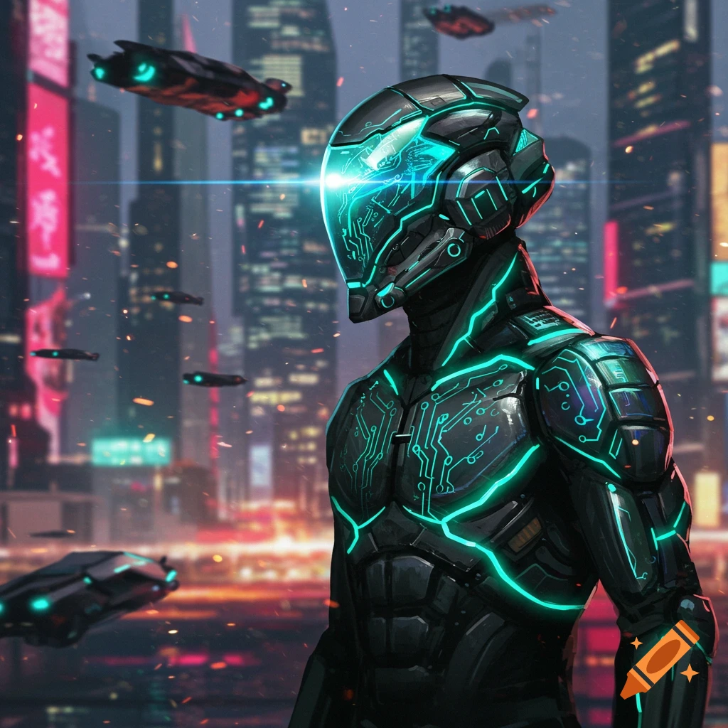 A sleek futuristic armored figure with glowing blue circuits stands in a cyberpunk city with flying vehicles.