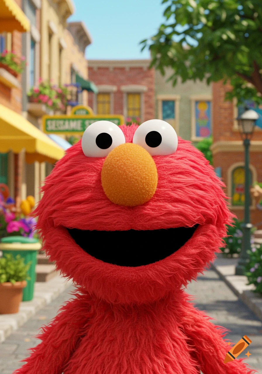 Close-up of a smiling red Elmo puppet with big googly eyes in a bright, colorful street scene.