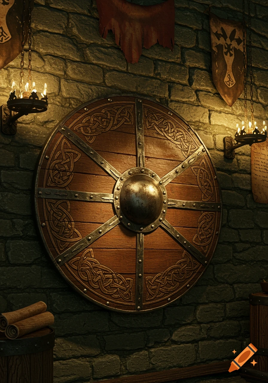 A detailed medieval wooden shield with Celtic knotwork patterns hangs on a stone wall, lit by two candle sconces.
