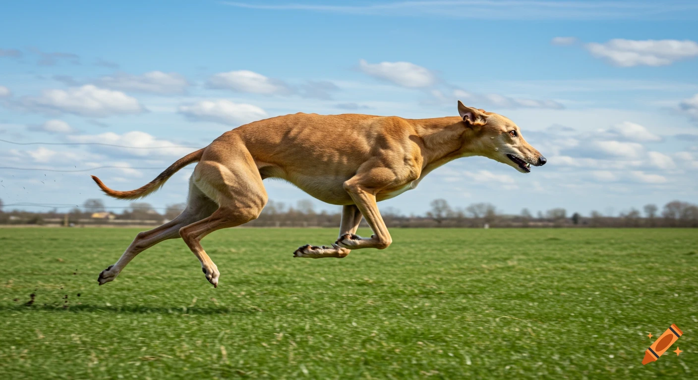 A sleek, muscular greyhound dog sprints across a lush green field under a blue sky with white clouds.