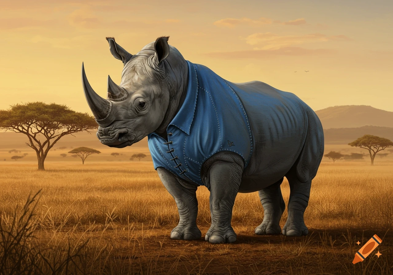 A photorealistic rhinoceros wearing a blue jacket stands in a golden savanna at sunset.