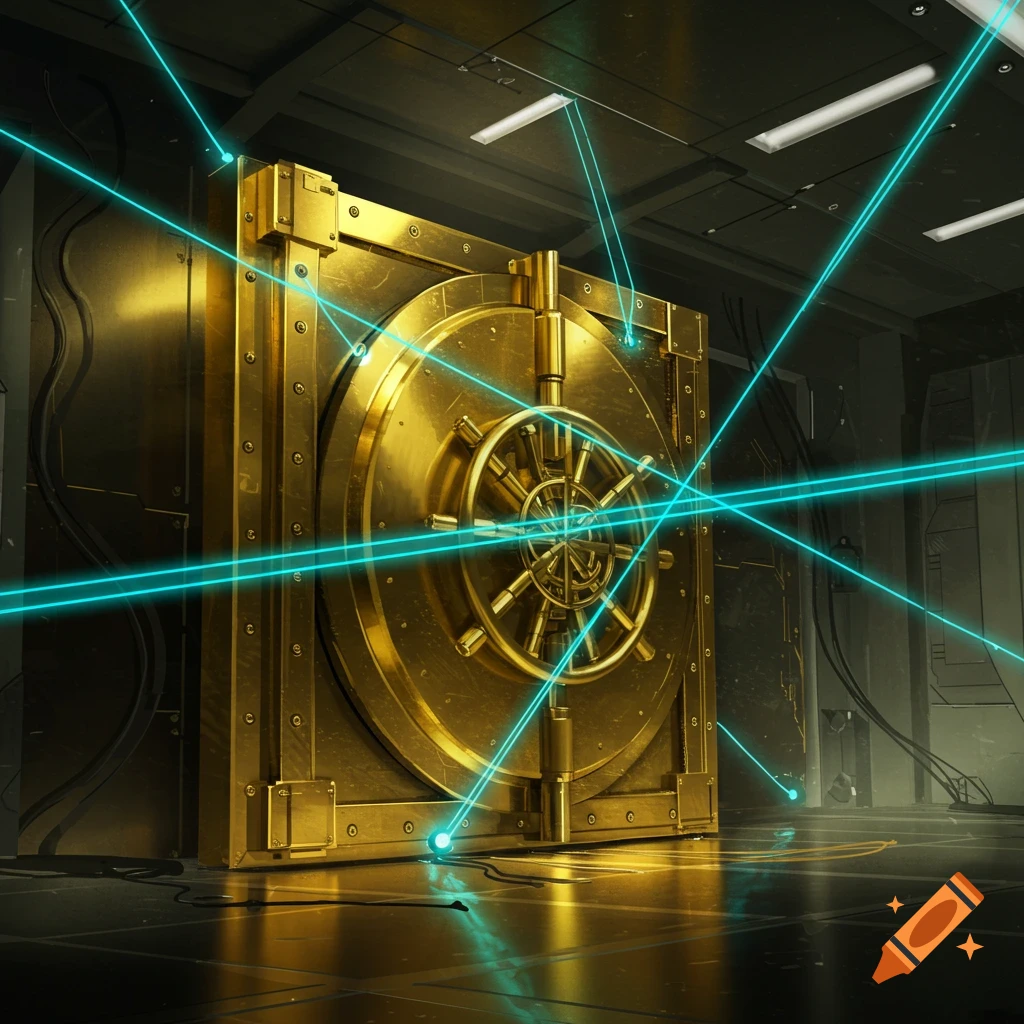 A large, ornate gold vault door with a central circular lock, protected by a dense web of glowing blue laser beams in a dark, metallic room.