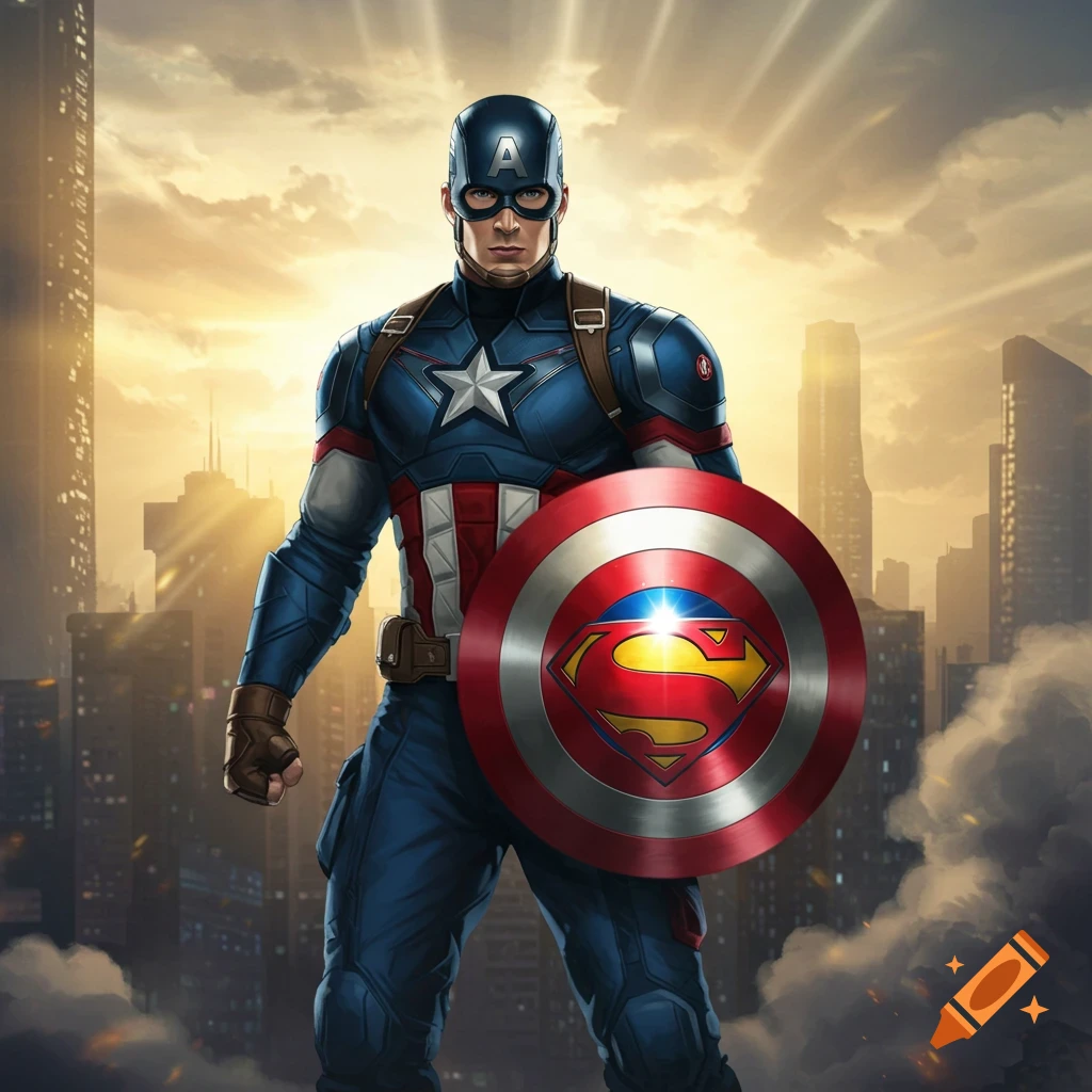 Captain America in full costume stands in a city at sunset, holding a shield featuring the Superman symbol.