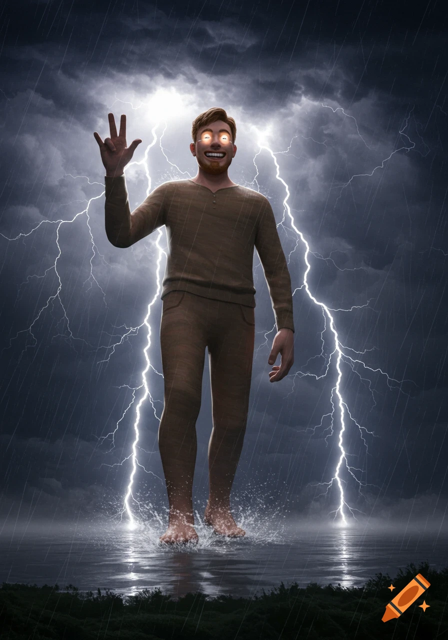 A smiling man with glowing eyes stands in water during a lightning storm, raising his hand.