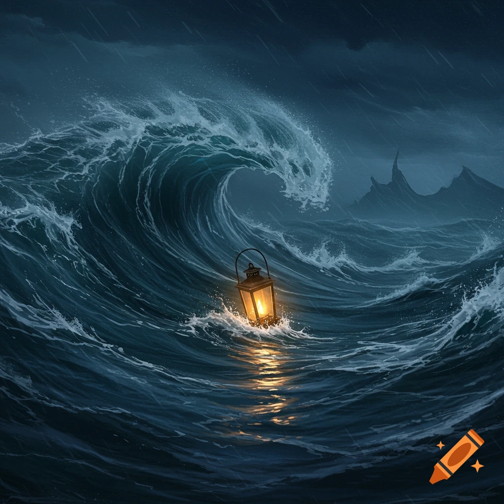 A glowing lantern floats on a dark, turbulent ocean with a massive crashing wave and stormy sky.