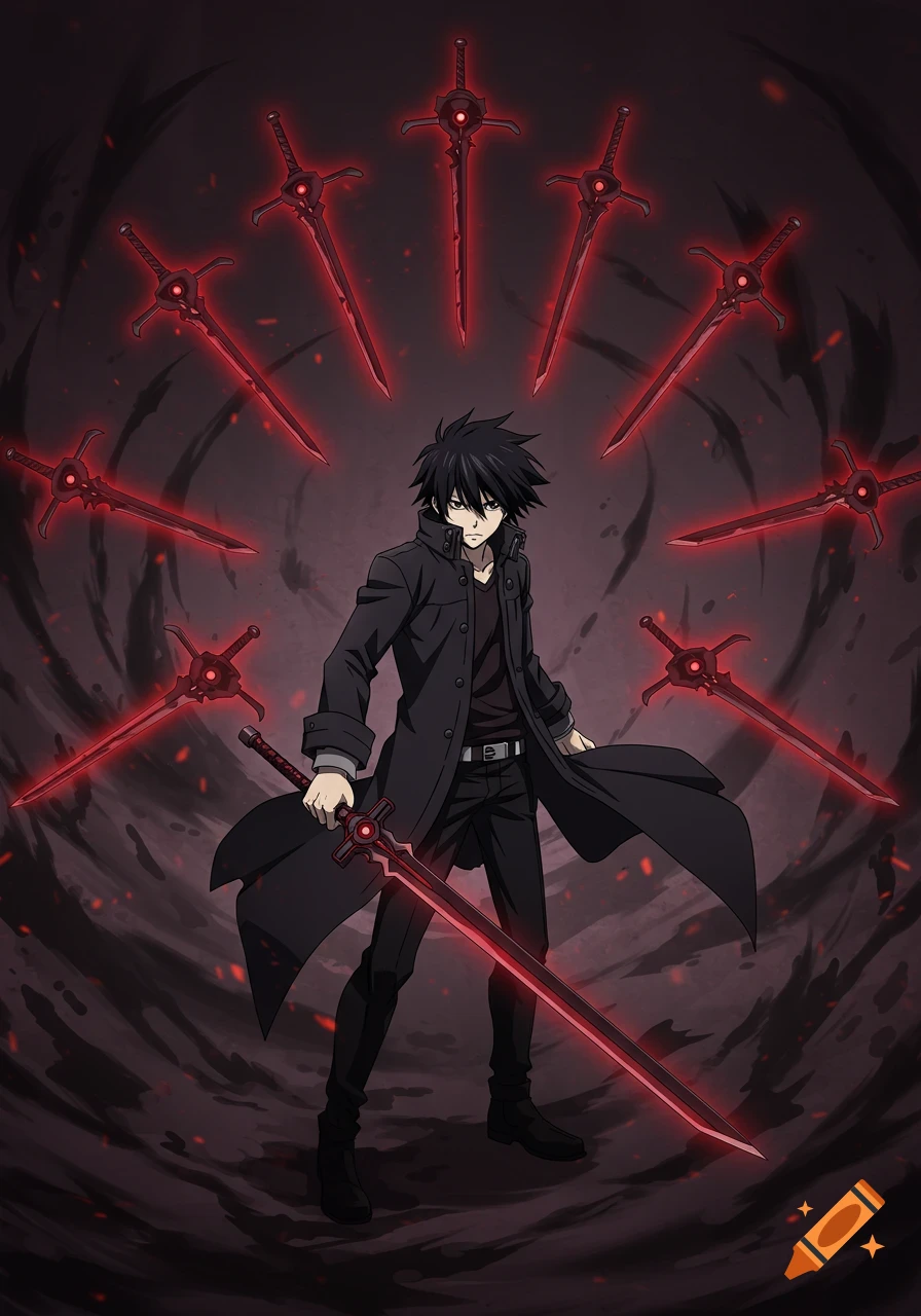 An anime man with messy black hair in a dark coat holds a glowing red sword, surrounded by floating red swords against a smoky background.