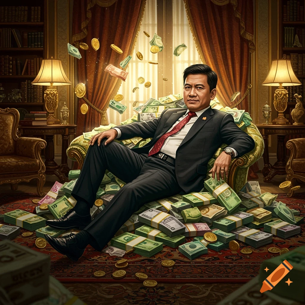 Man in a suit lounging on a sofa overflowing with stacks of cash and gold coins in a lavish, richly decorated room.