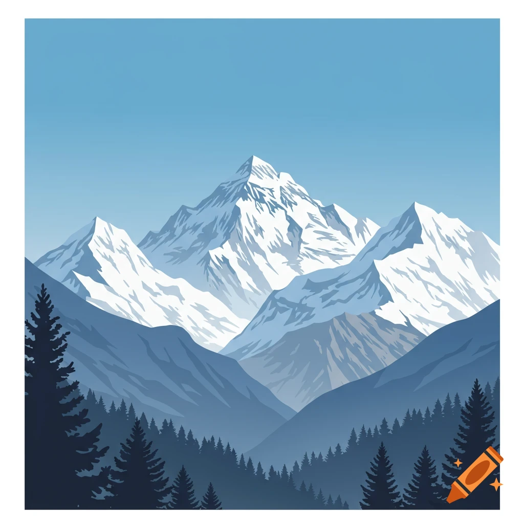 Stylized illustration of snow-capped mountains, foothills, and a dense pine forest under a clear blue sky.