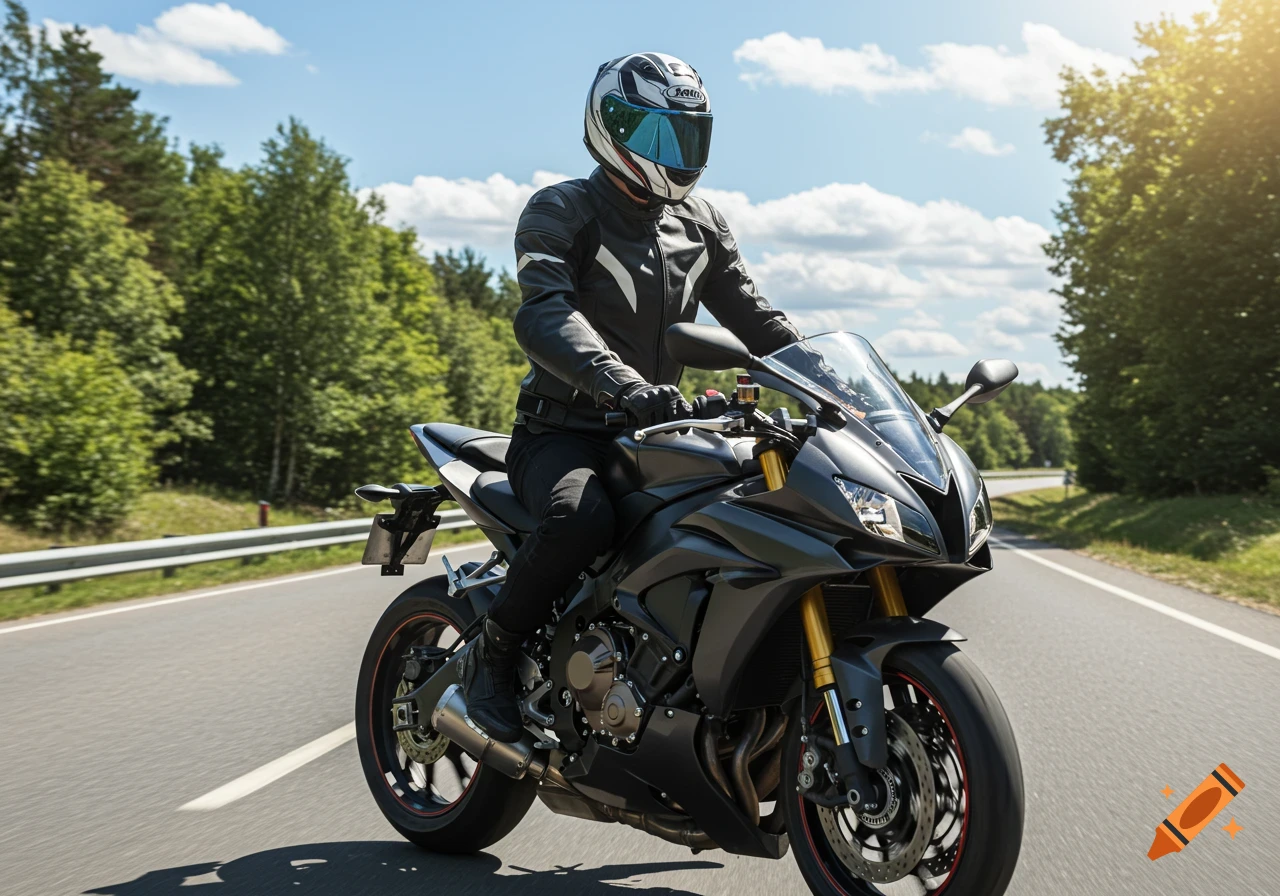 A person in a helmet and black jacket rides a dark motorcycle on a sunny road lined with green trees. Photorealistic style.