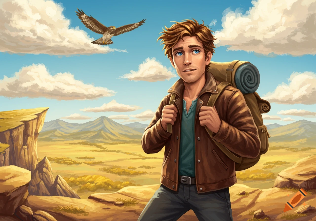 Illustrated adventurer with a backpack looking up at a flying hawk in a dry, mountainous landscape under a blue sky.