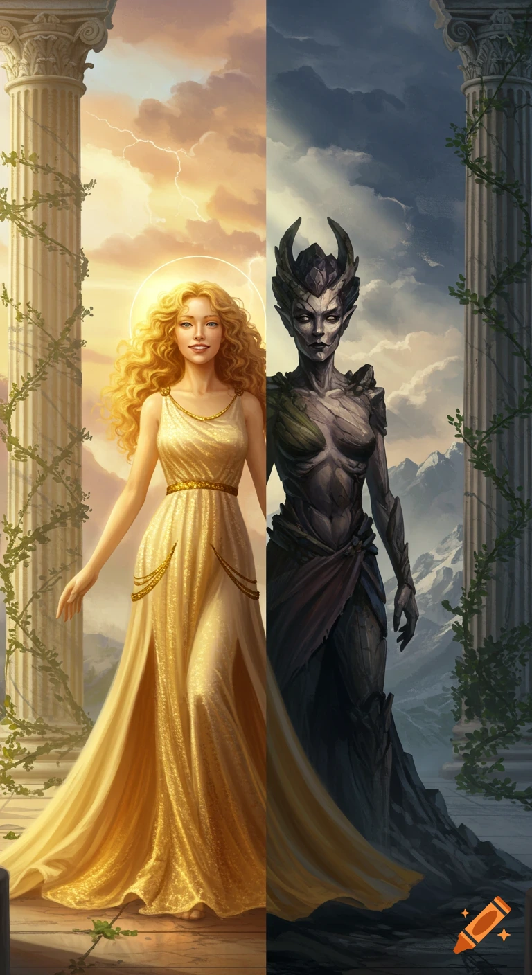 A split image of two goddesses; one radiant and golden under a sunny sky, the other dark and grotesque under a stormy sky.