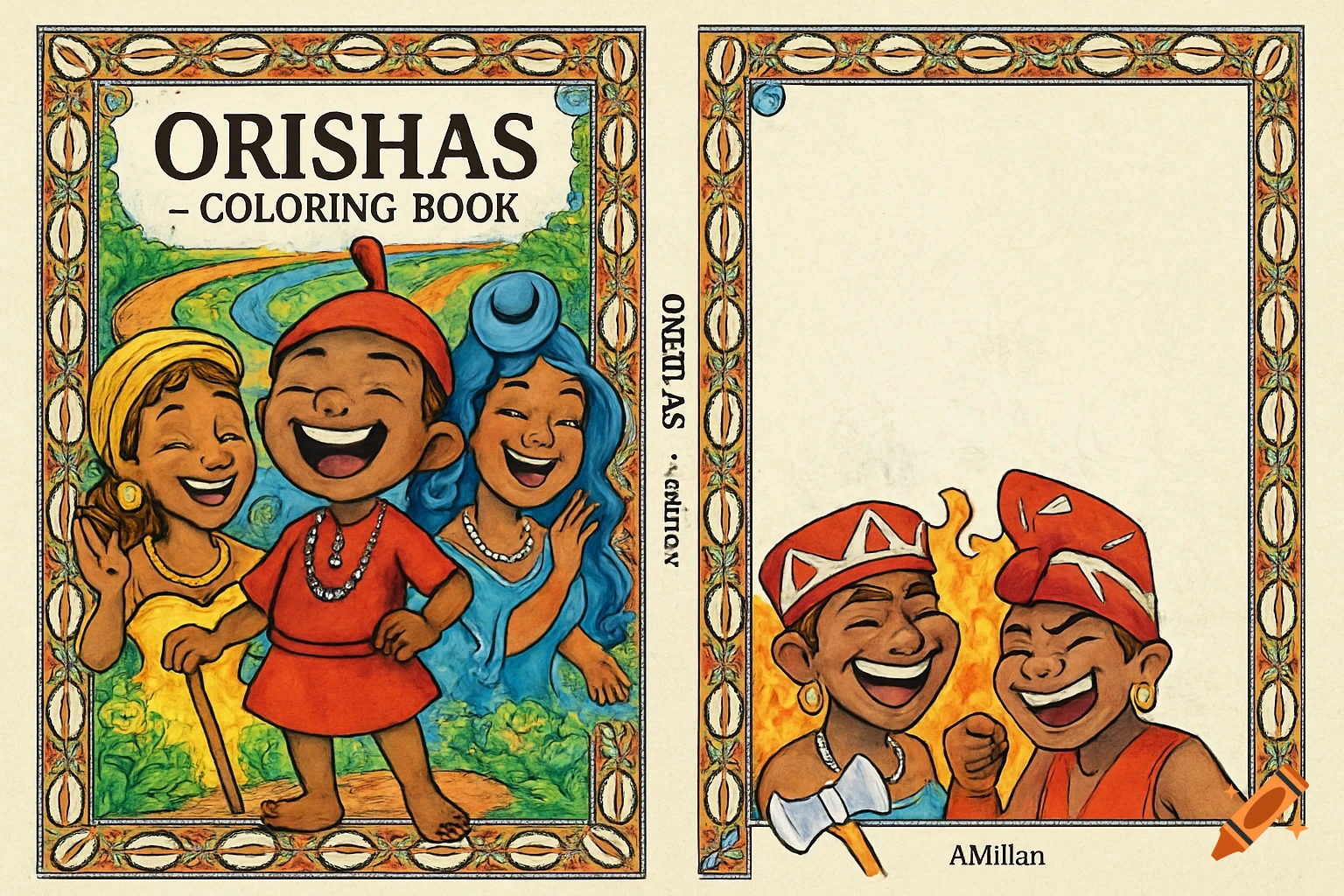 Colorful cartoon coloring book cover featuring smiling children representing Orishas, with a decorative border, river, and fire elements.