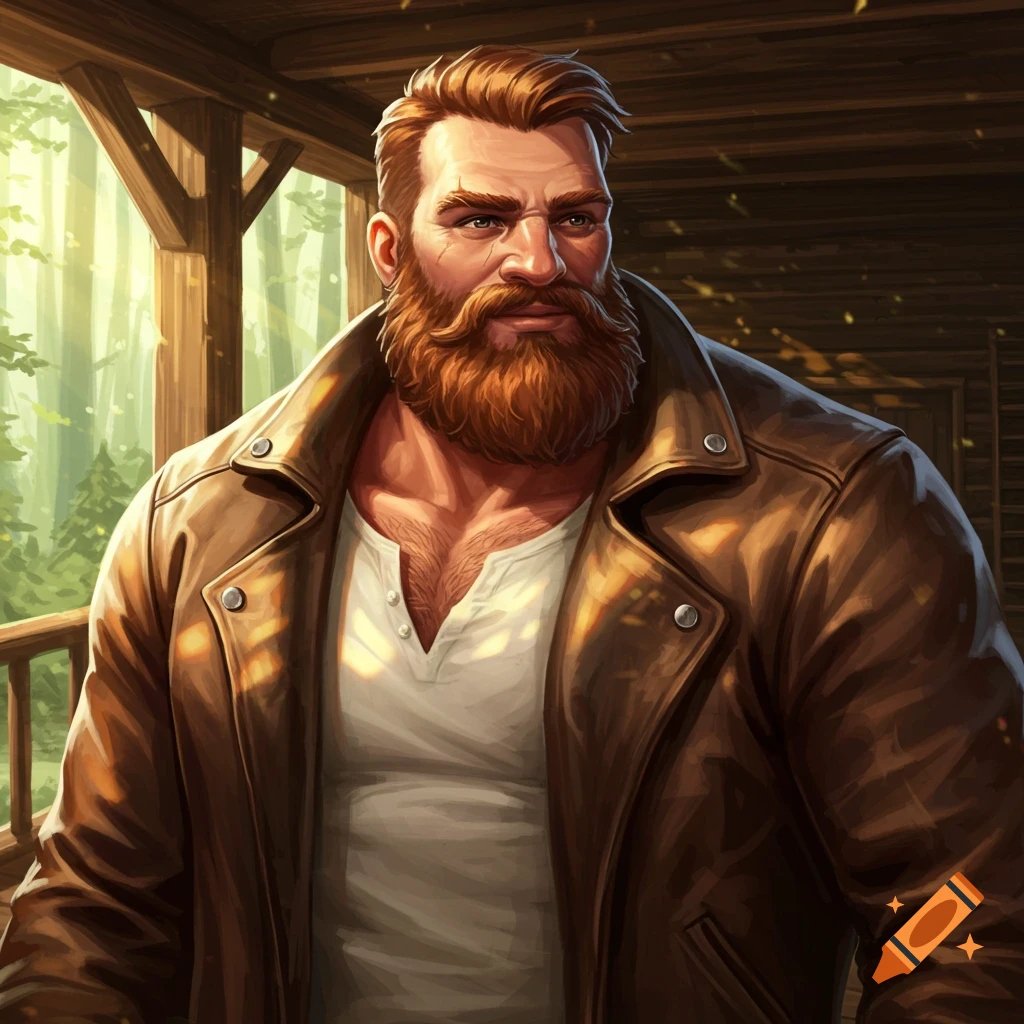 Stylized portrait of a rugged, muscular, bearded man in a brown leather jacket and white shirt on a wooden porch.