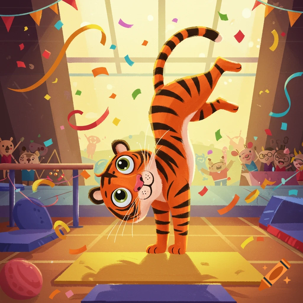 A cheerful cartoon tiger performs gymnastics in a brightly lit gym, with confetti falling and other cartoon animals watching.
