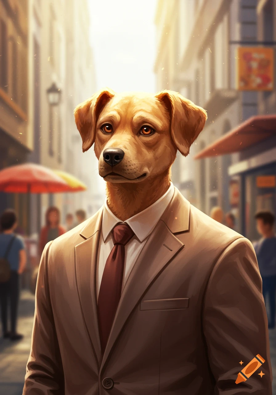 A dog with a golden retriever head wears a brown suit and red tie, standing on a sunny city street. Digital art.
