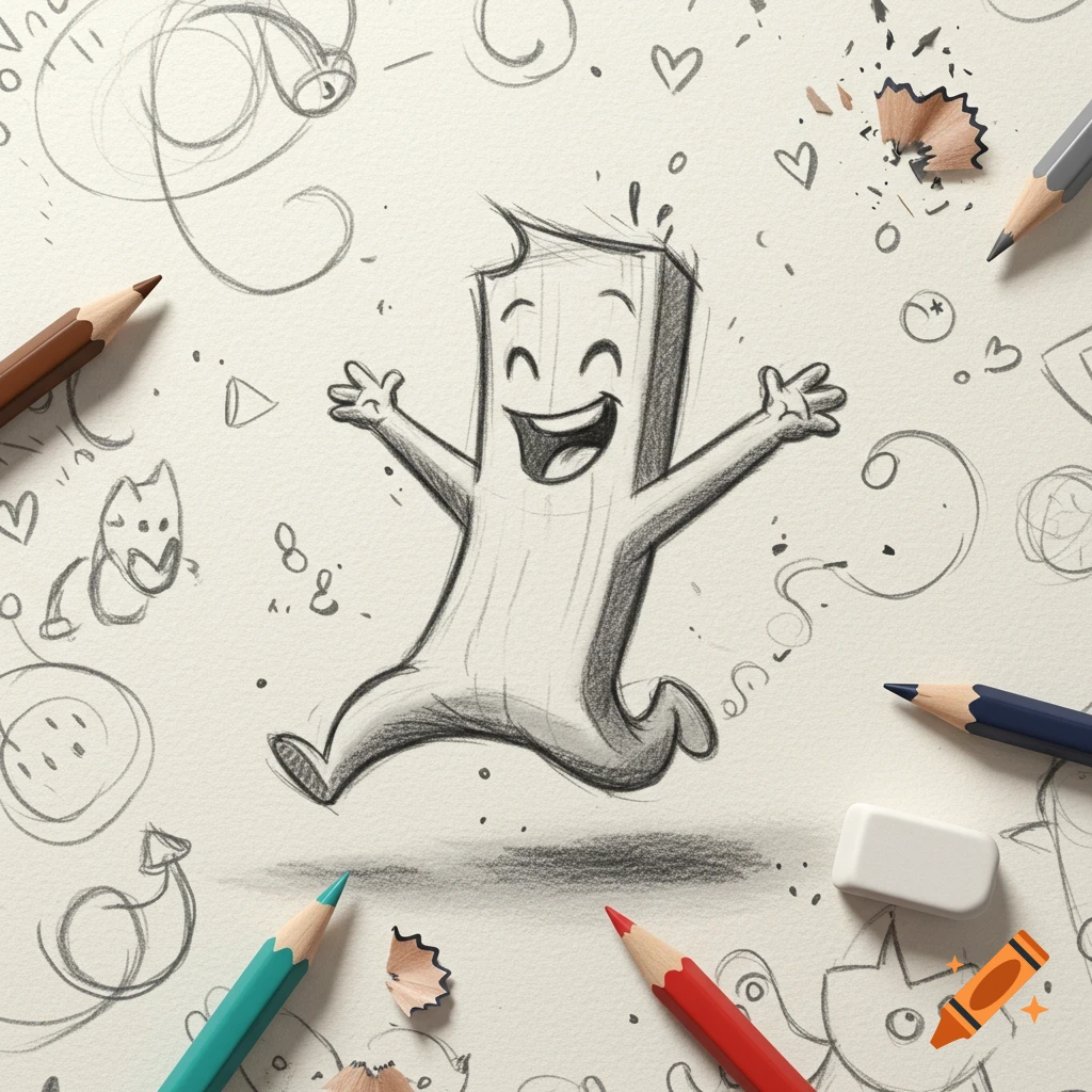 A happy, stick-like cartoon character drawn in pencil, jumping on a sketchpad, surrounded by colored pencils, an eraser, and doodles.