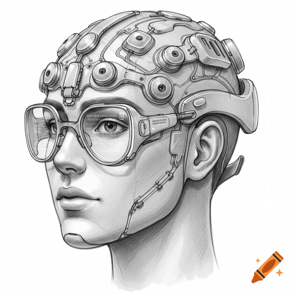 A monochrome pencil sketch of a person wearing a futuristic 'Cognitive Eclipse' neuroscience headgear with sensors and glasses displaying data.