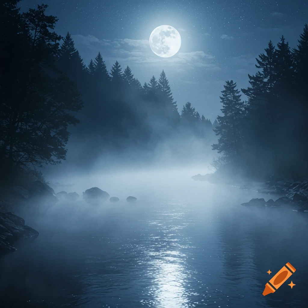 Full moon over a mystical foggy river at night, surrounded by silhouetted pine trees and shimmering water.