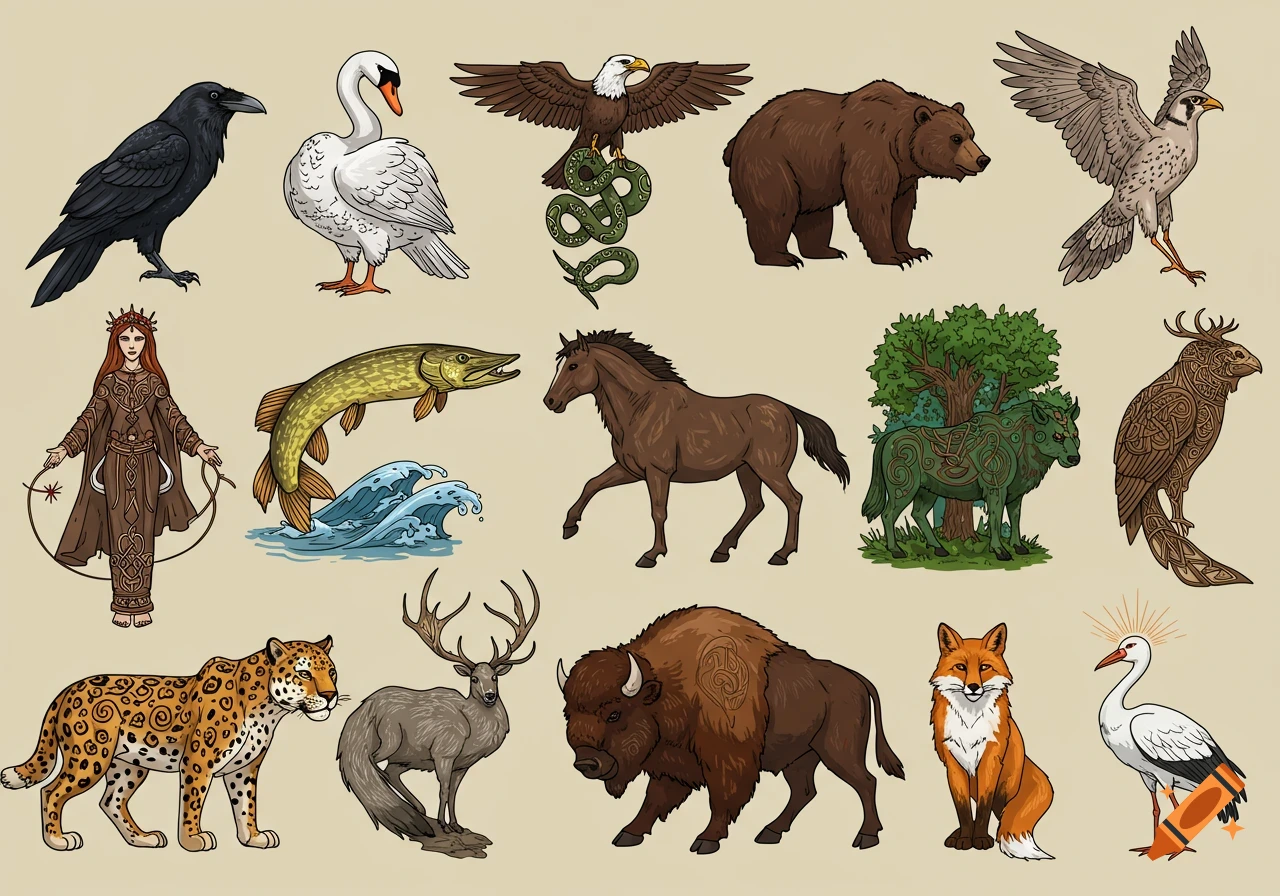 A grid of sixteen stylized illustrations of animals and a woman, featuring Slavic and Norse mythological patterns on a light background.